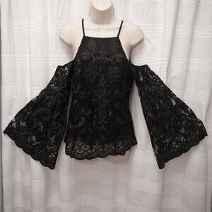 NWOT Black Lace Longsleeve Bell Sleeve Halter Top
